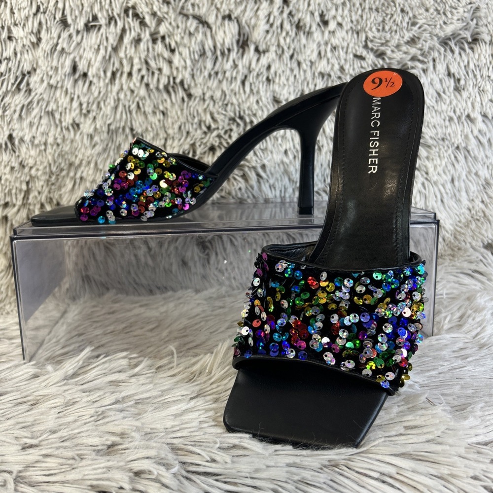 Marc Fisher Danria‎ Rainbow Sequin 9.5 Sandals Square Toe Pumps Swiftie Sparkly